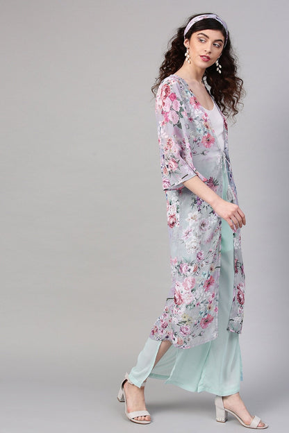 Women's Grey Floral Shrug With Bandana