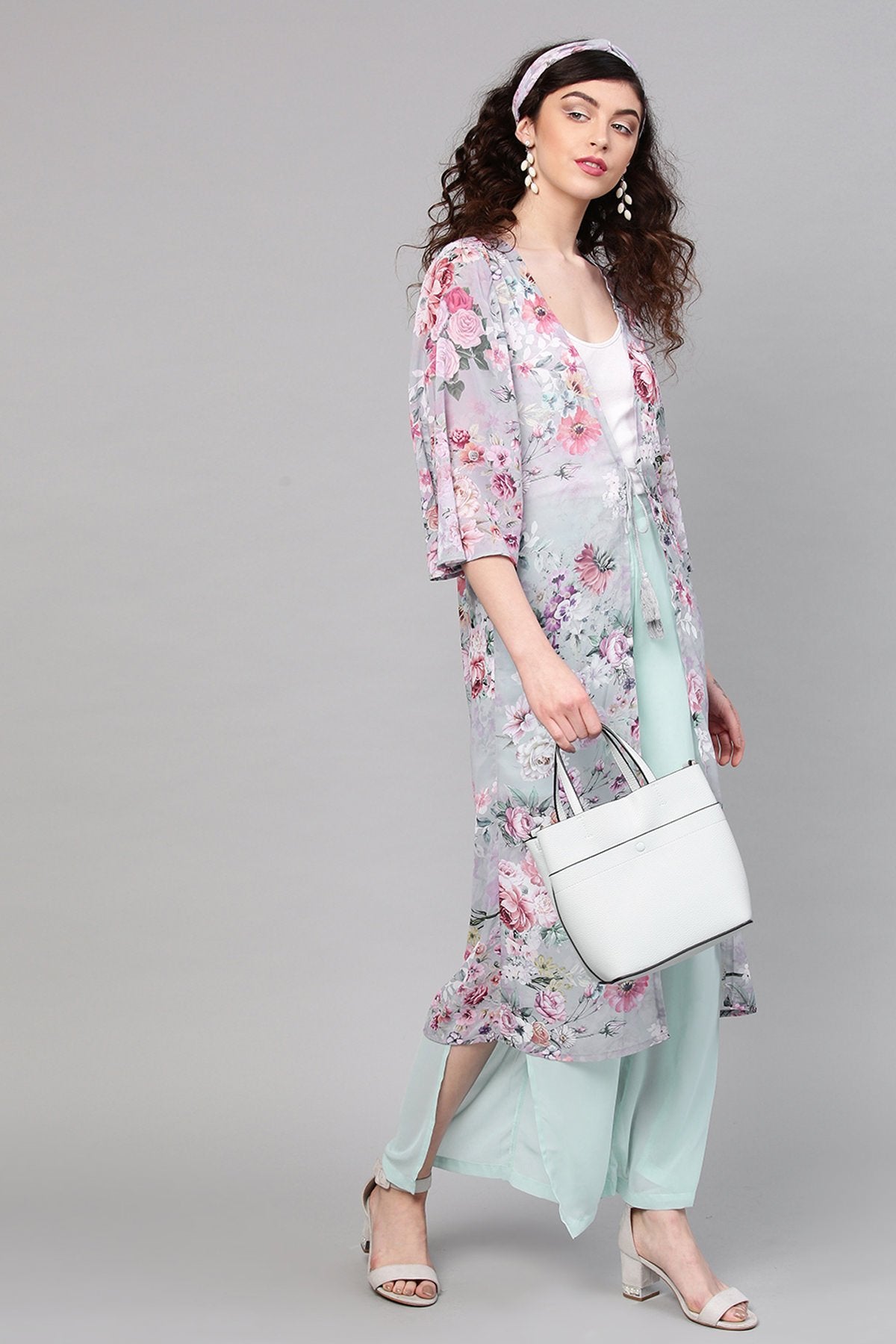Women's Grey Floral Shrug With Bandana