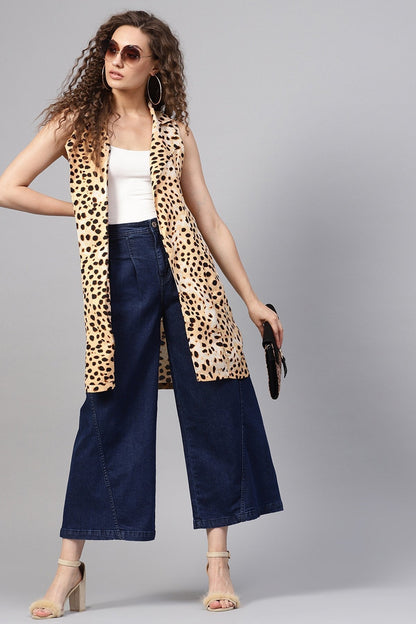 Women's Beige Leopard Front Pocket Shrug