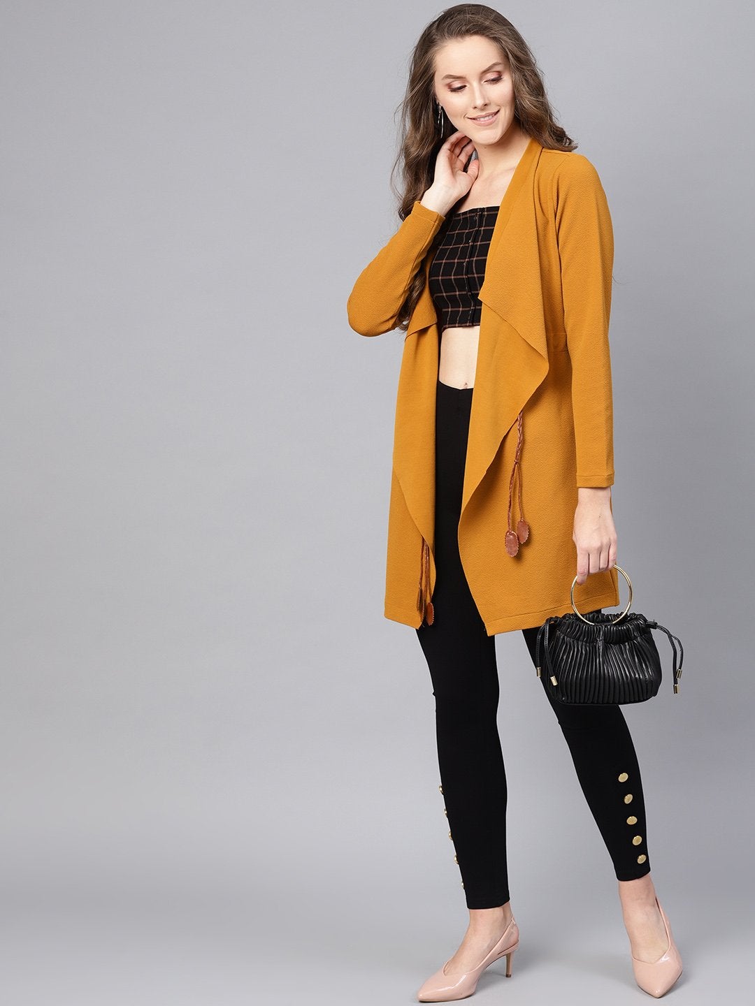 Women's Mustard Waterfall Shrug With Pu Tie Belt