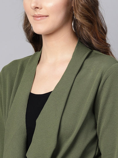 Women's Olive Waterfall Shrug With Pu Tie Belt
