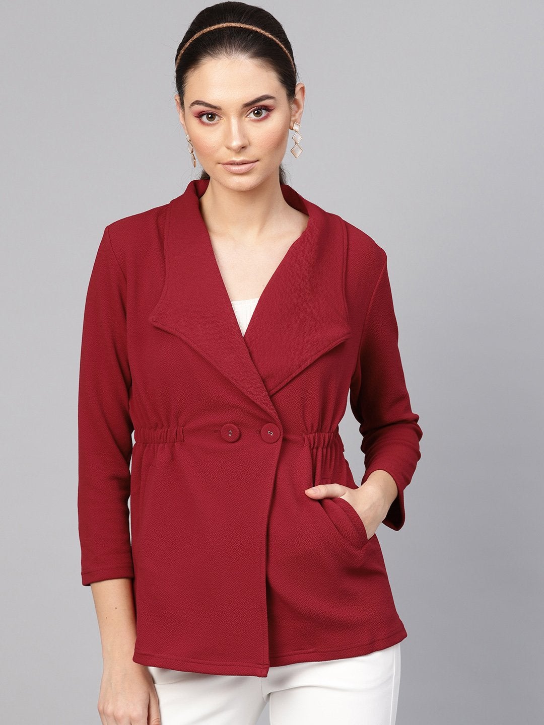Women's Maroon Side Elastic Blazer