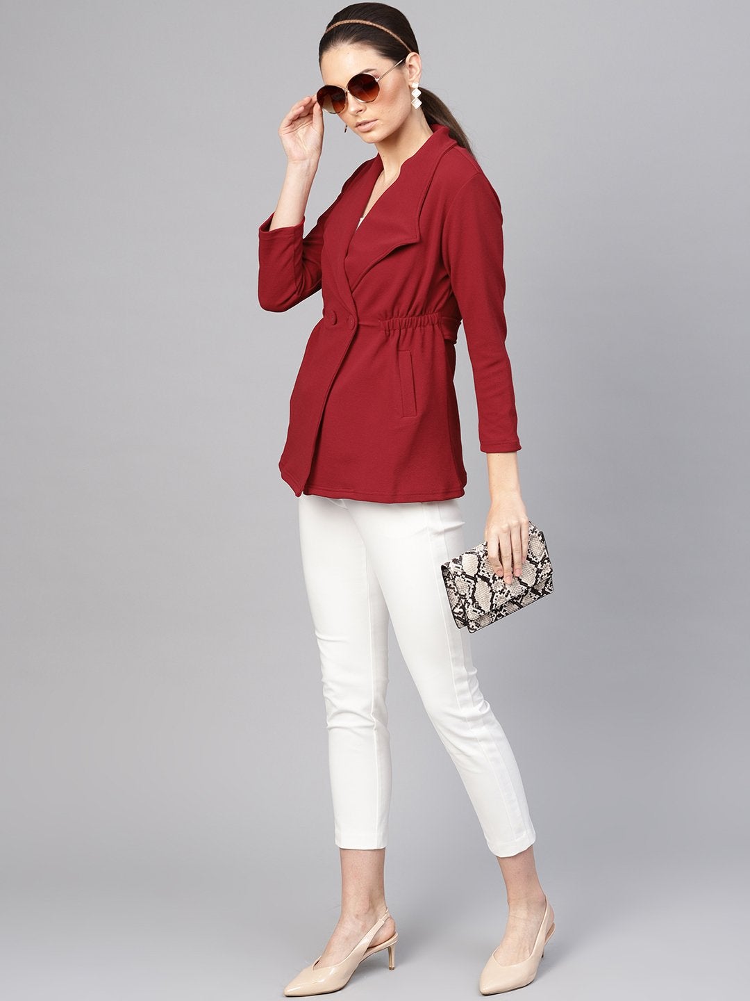 Women's Maroon Side Elastic Blazer