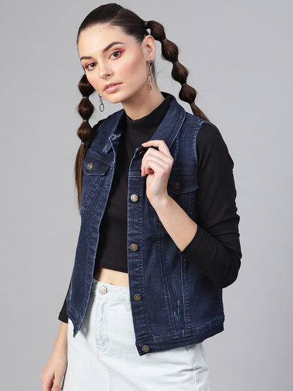 Women's Navy Denim Distressed Waistcoat