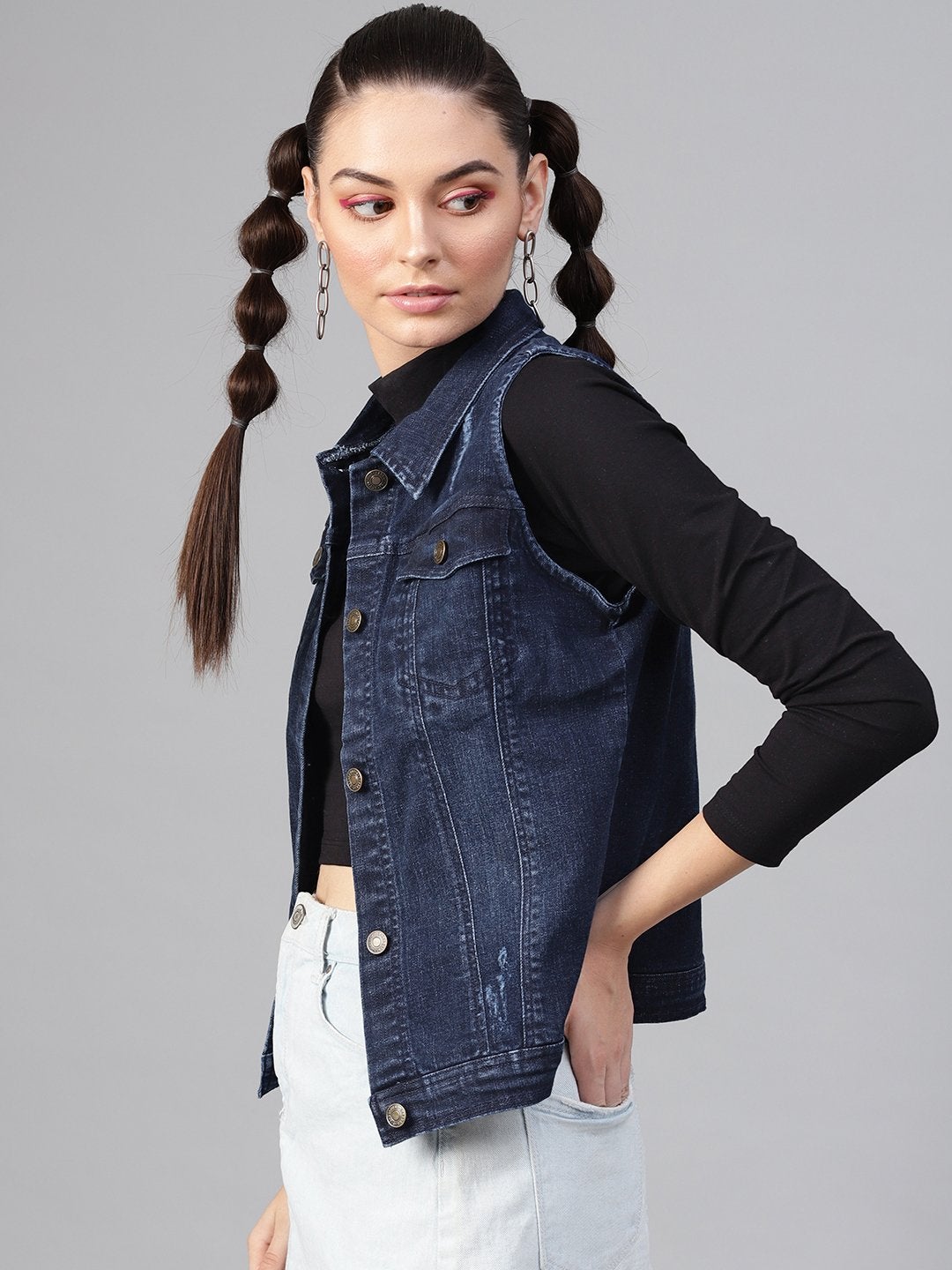 Women's Navy Denim Distressed Waistcoat