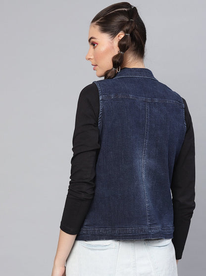 Women's Navy Denim Distressed Waistcoat