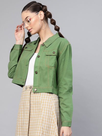 Women's Olive Denim Crop Jacket