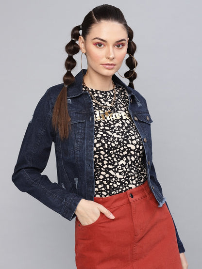 Women's Dark Blue Denim Distressed Jacket