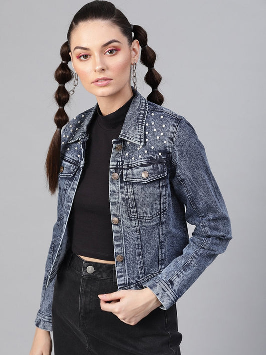 Women's Blue Denim Pearl Studded Jacket