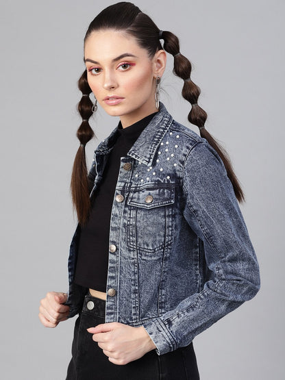 Women's Blue Denim Pearl Studded Jacket
