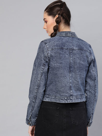 Women's Blue Denim Pearl Studded Jacket