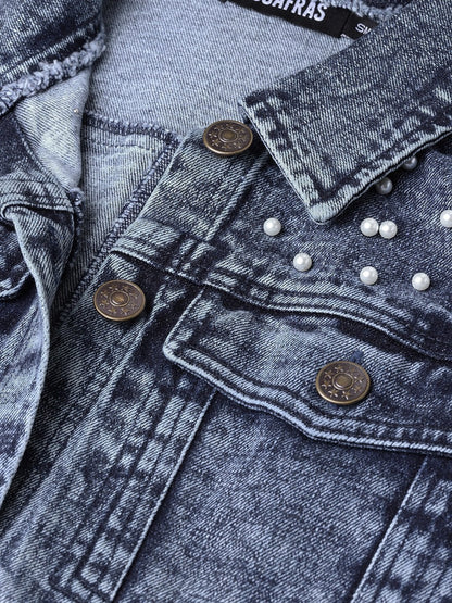 Women's Blue Denim Pearl Studded Jacket