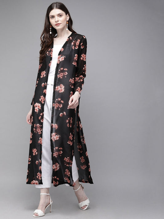 Women's Black Floral Longline Kimono Shrug