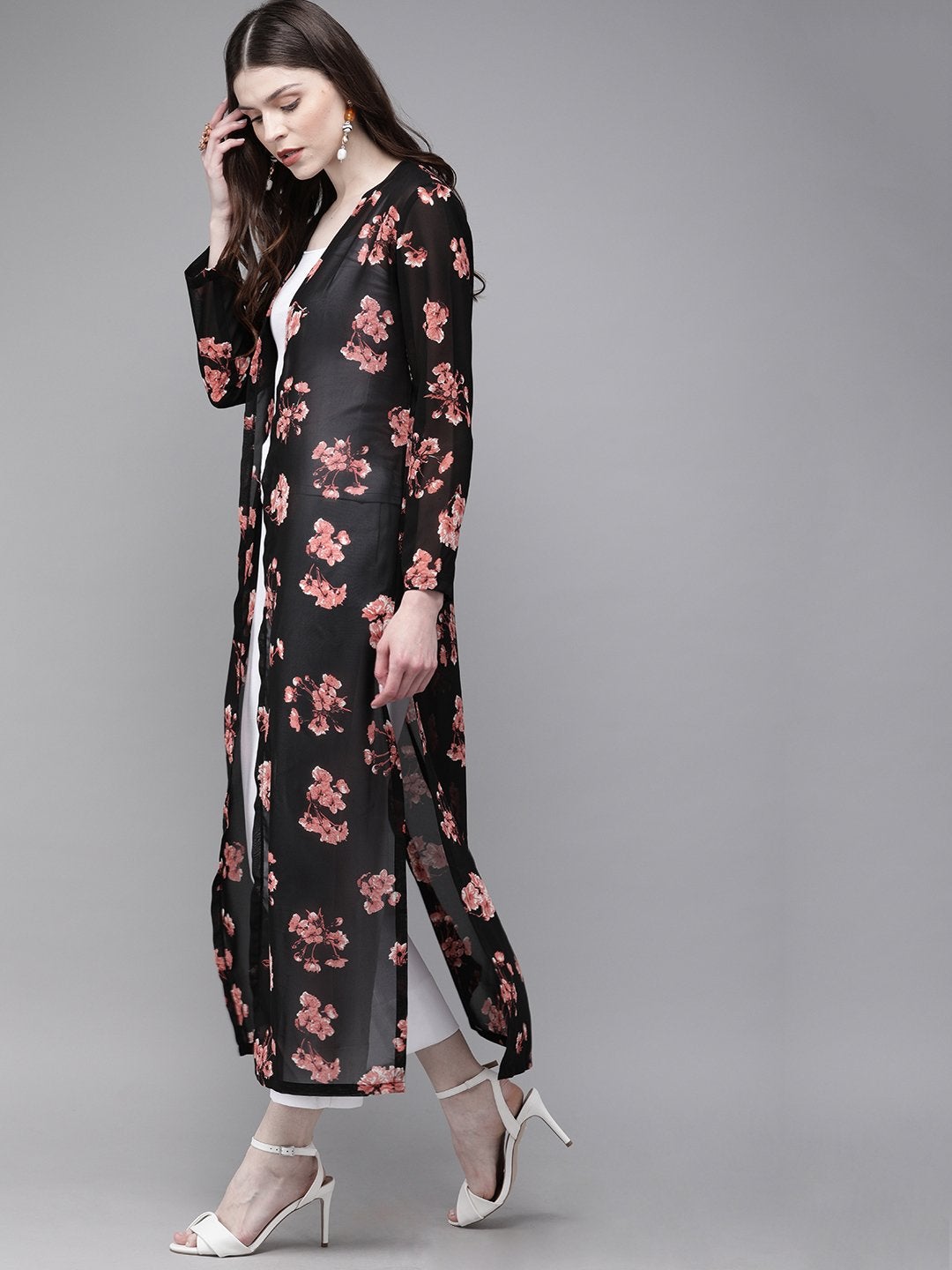 Women's Black Floral Longline Kimono Shrug