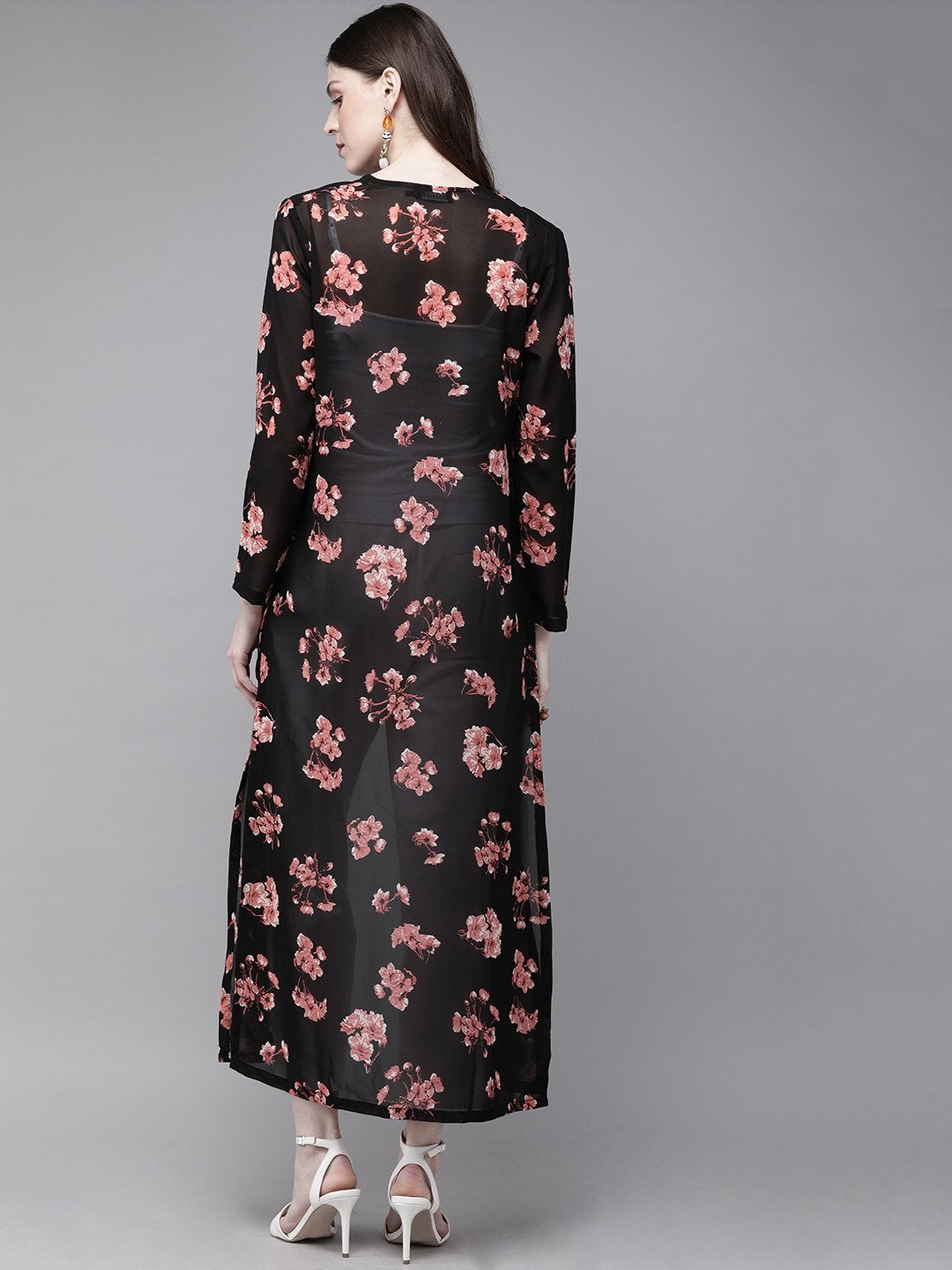 Women's Black Floral Longline Kimono Shrug