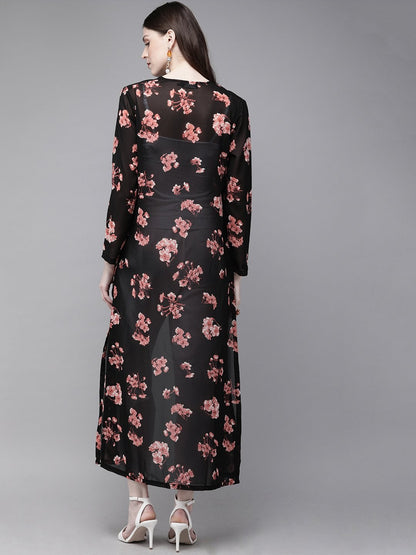 Women's Black Floral Longline Kimono Shrug