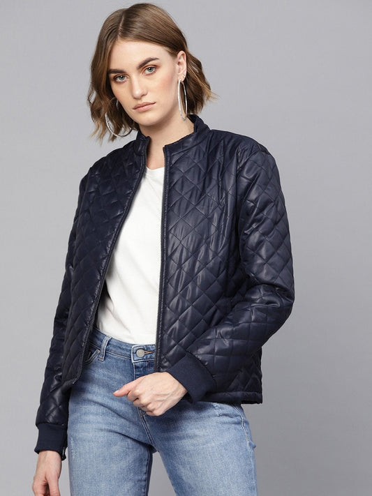 Women's Navy Quilted Jacket With Zip Sleeves