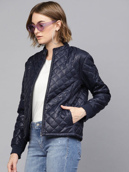 Women's Navy Quilted Jacket With Zip Sleeves