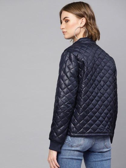 Women's Navy Quilted Jacket With Zip Sleeves