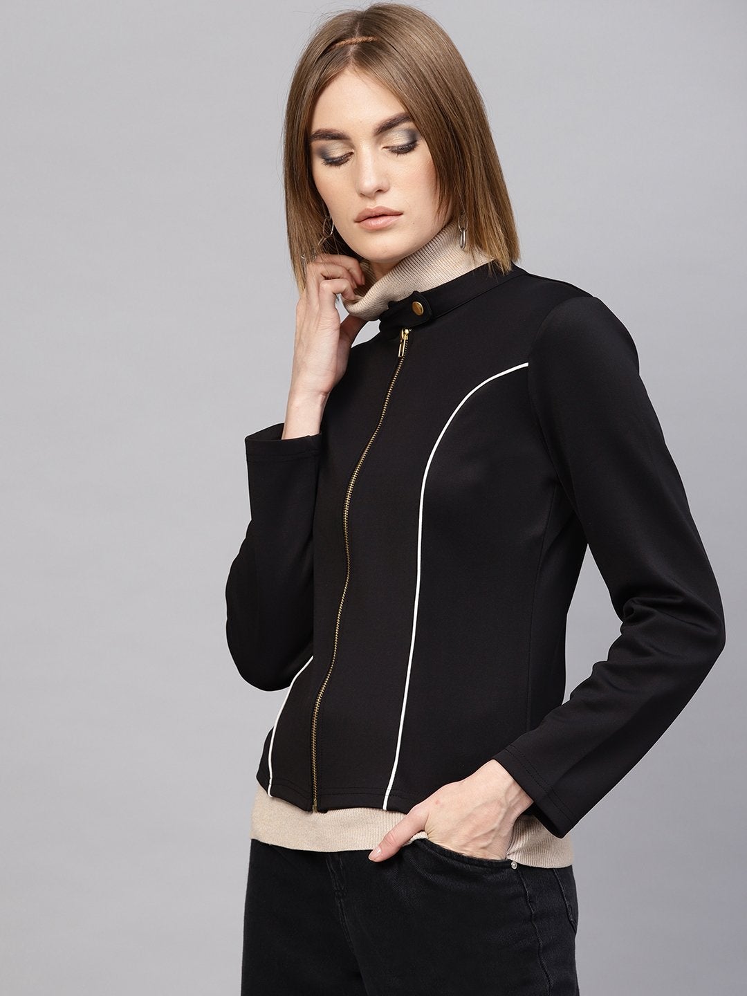 Women's Black Scuba Contrast Piping Jacket