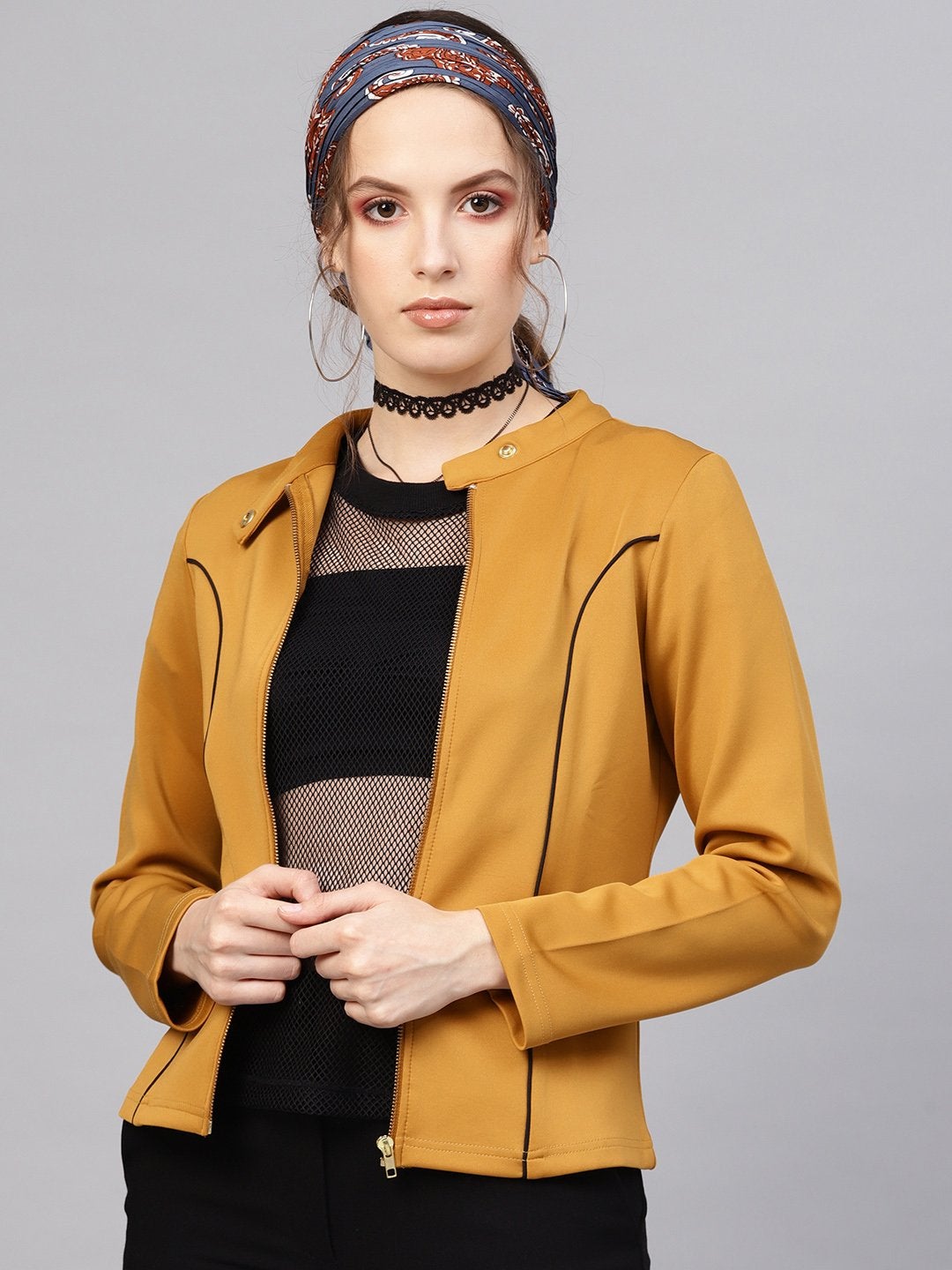 Women's Mustard Scuba Contrast Piping Jacket