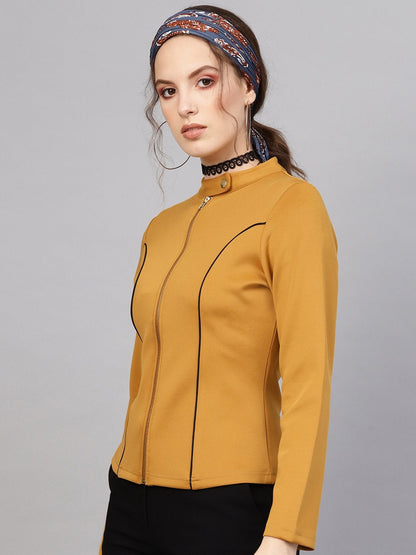 Women's Mustard Scuba Contrast Piping Jacket