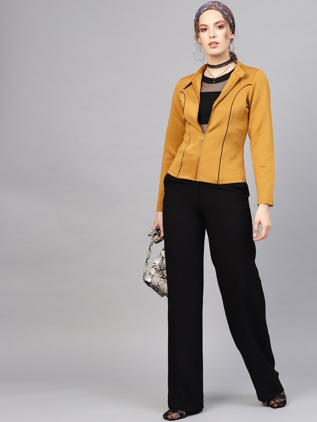 Women's Mustard Scuba Contrast Piping Jacket
