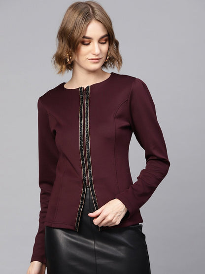 Women's Burgundy Scuba Blingy Tape Slim Fit Blazer