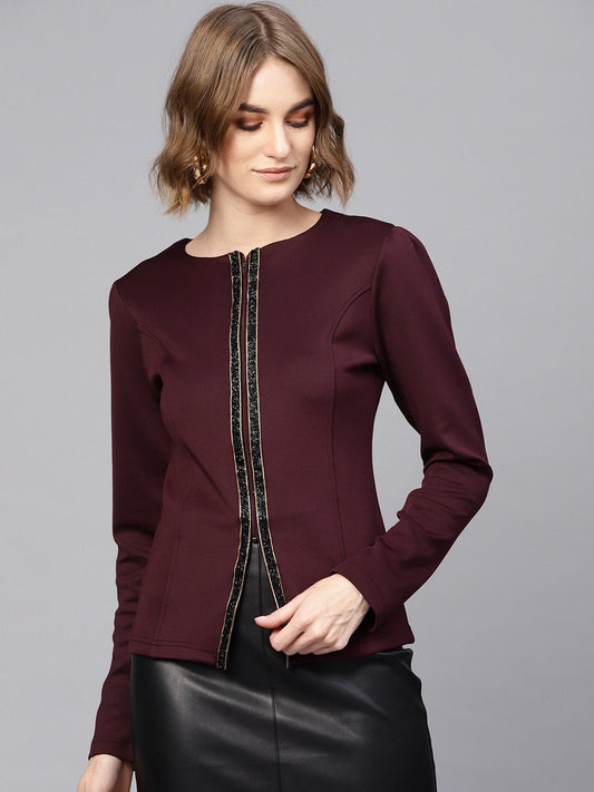 Women's Burgundy Scuba Blingy Tape Slim Fit Blazer