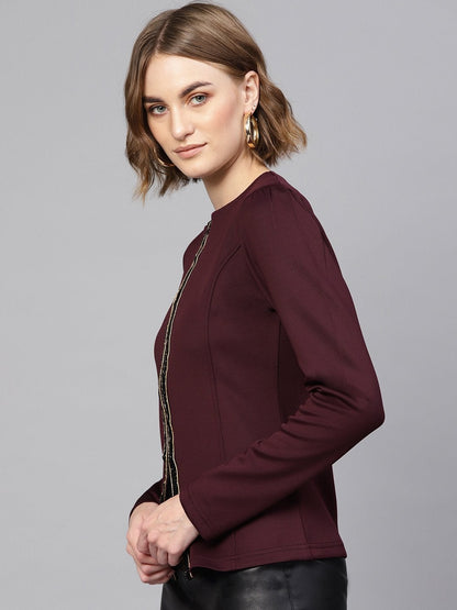Women's Burgundy Scuba Blingy Tape Slim Fit Blazer