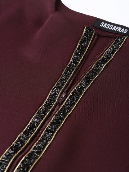 Women's Burgundy Scuba Blingy Tape Slim Fit Blazer