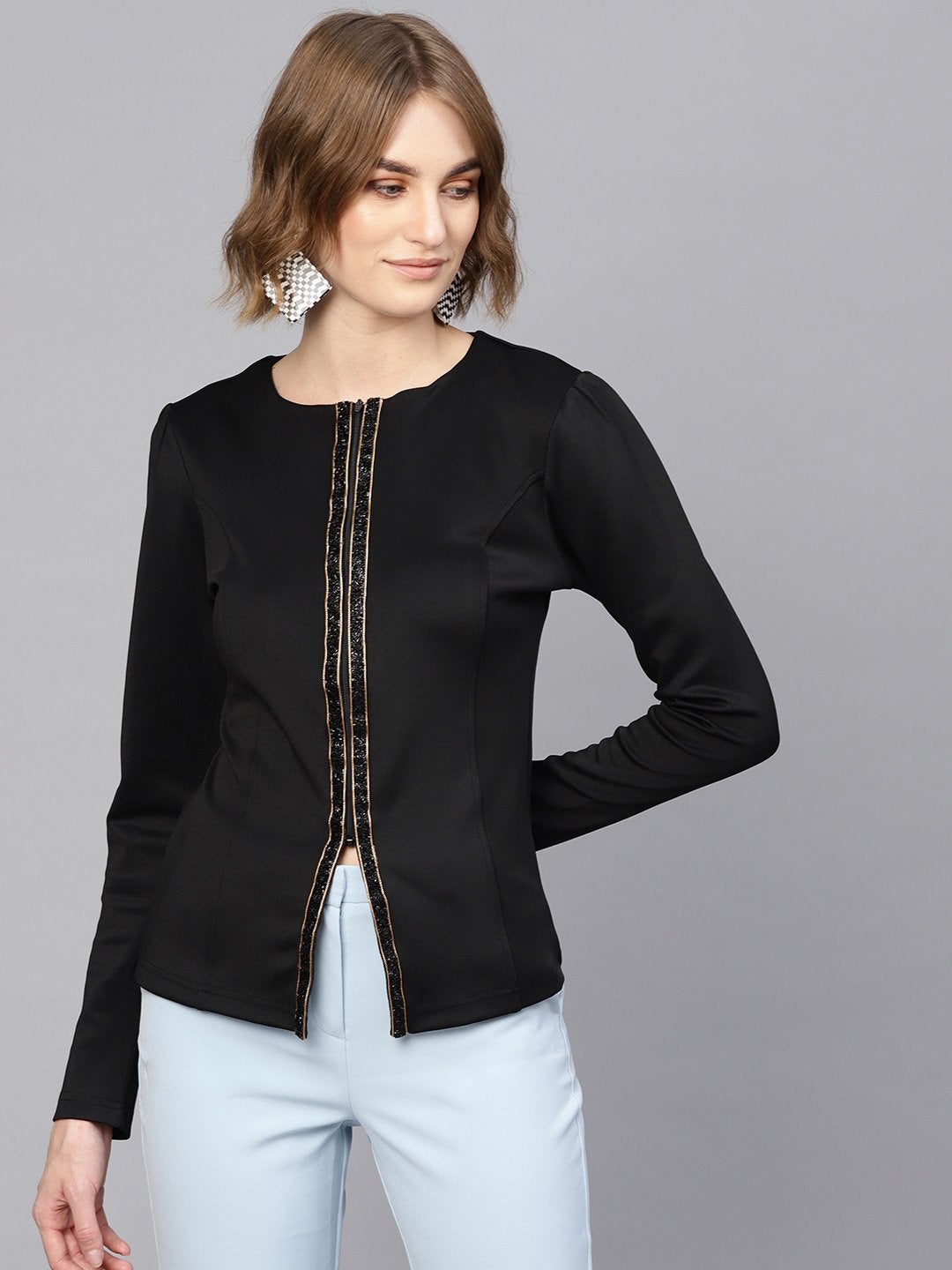 Women's Black Scuba Blingy Tape Slim Fit Blazer