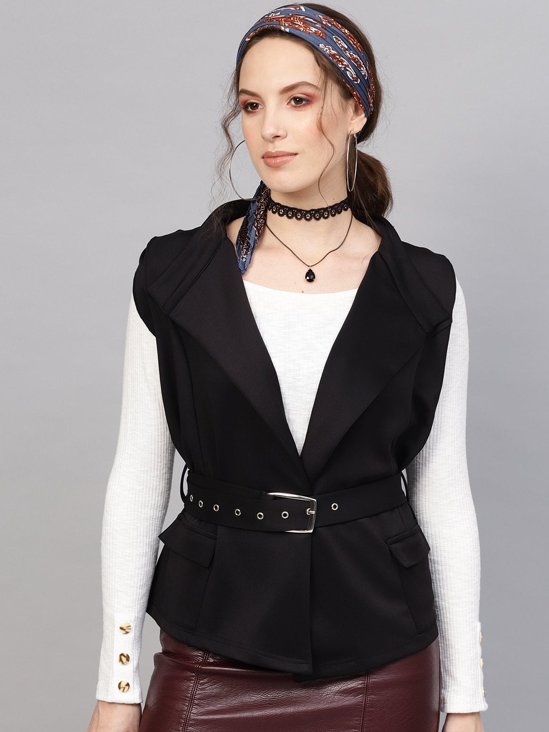 Women's Black Scuba Sleeveless Belted Jacket