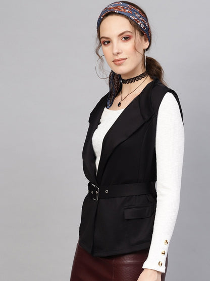 Women's Black Scuba Sleeveless Belted Jacket