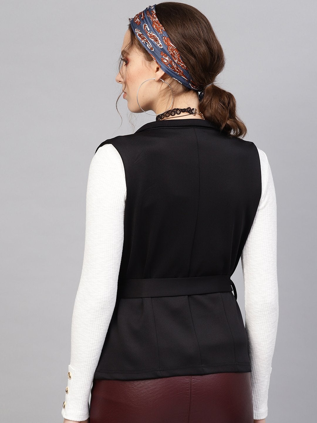 Women's Black Scuba Sleeveless Belted Jacket