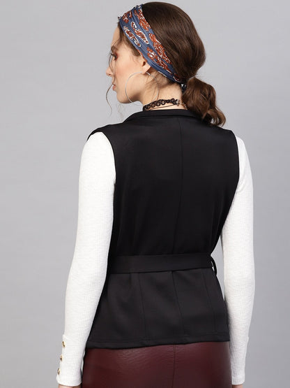 Women's Black Scuba Sleeveless Belted Jacket