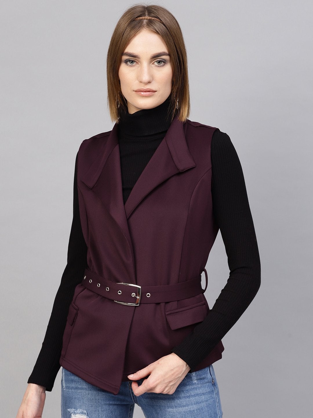 Women's Burgundy Scuba Sleeveless Belted Jacket