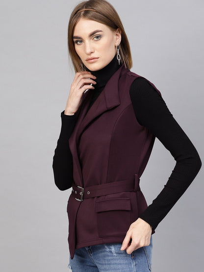 Women's Burgundy Scuba Sleeveless Belted Jacket