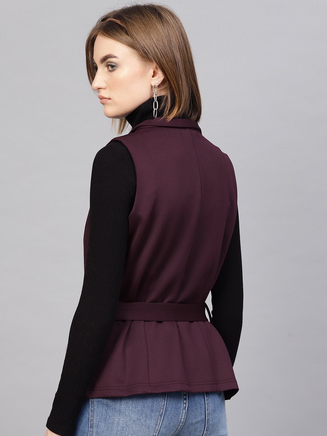 Women's Burgundy Scuba Sleeveless Belted Jacket