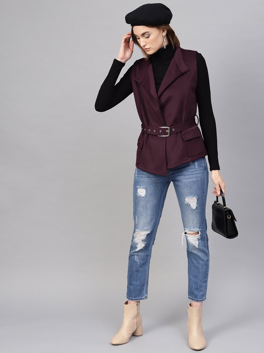 Women's Burgundy Scuba Sleeveless Belted Jacket