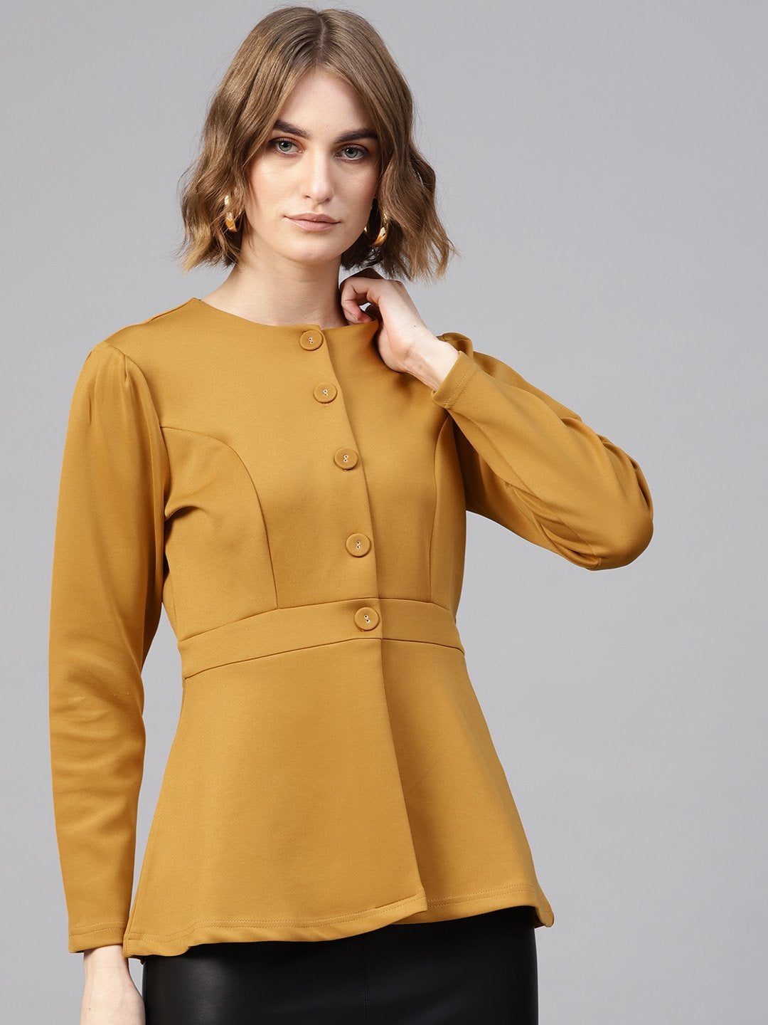 Women's Mustard Scuba Double-Breast Peplum Coat