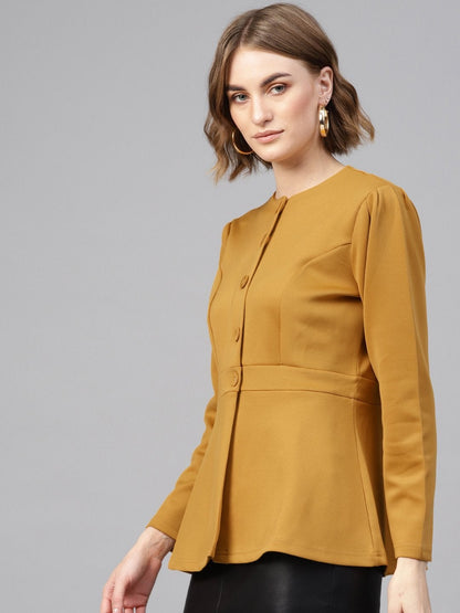 Women's Mustard Scuba Double-Breast Peplum Coat