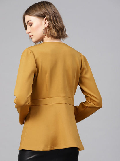 Women's Mustard Scuba Double-Breast Peplum Coat