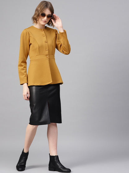 Women's Mustard Scuba Double-Breast Peplum Coat