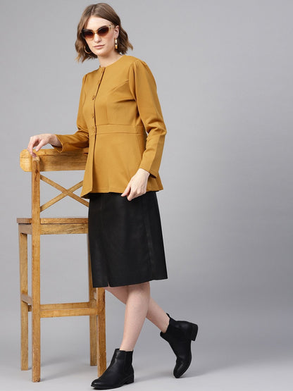 Women's Mustard Scuba Double-Breast Peplum Coat