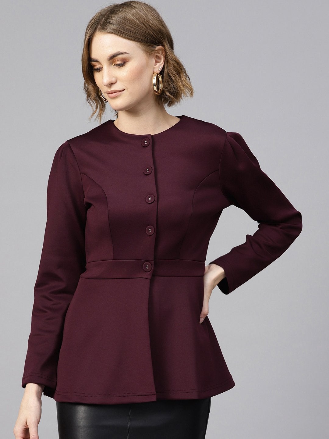 Women's Burgundy Scuba Double-Breast Peplum Coat