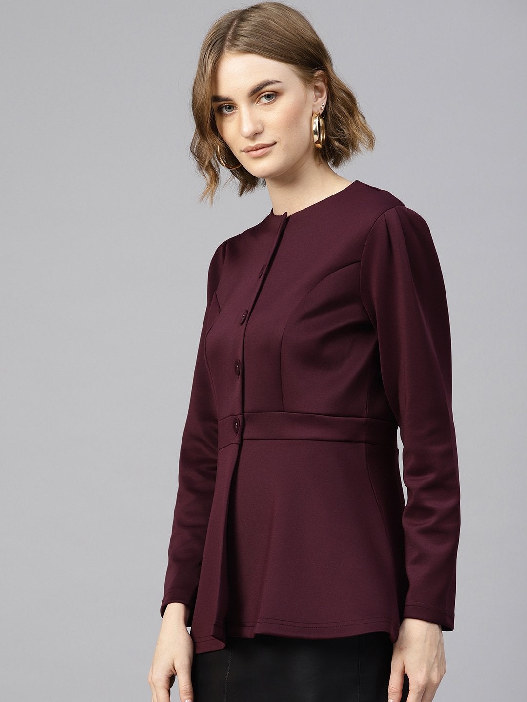 Women's Burgundy Scuba Double-Breast Peplum Coat