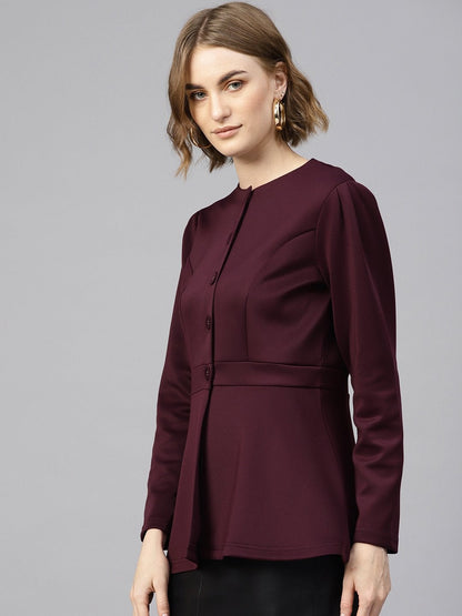 Women's Burgundy Scuba Double-Breast Peplum Coat