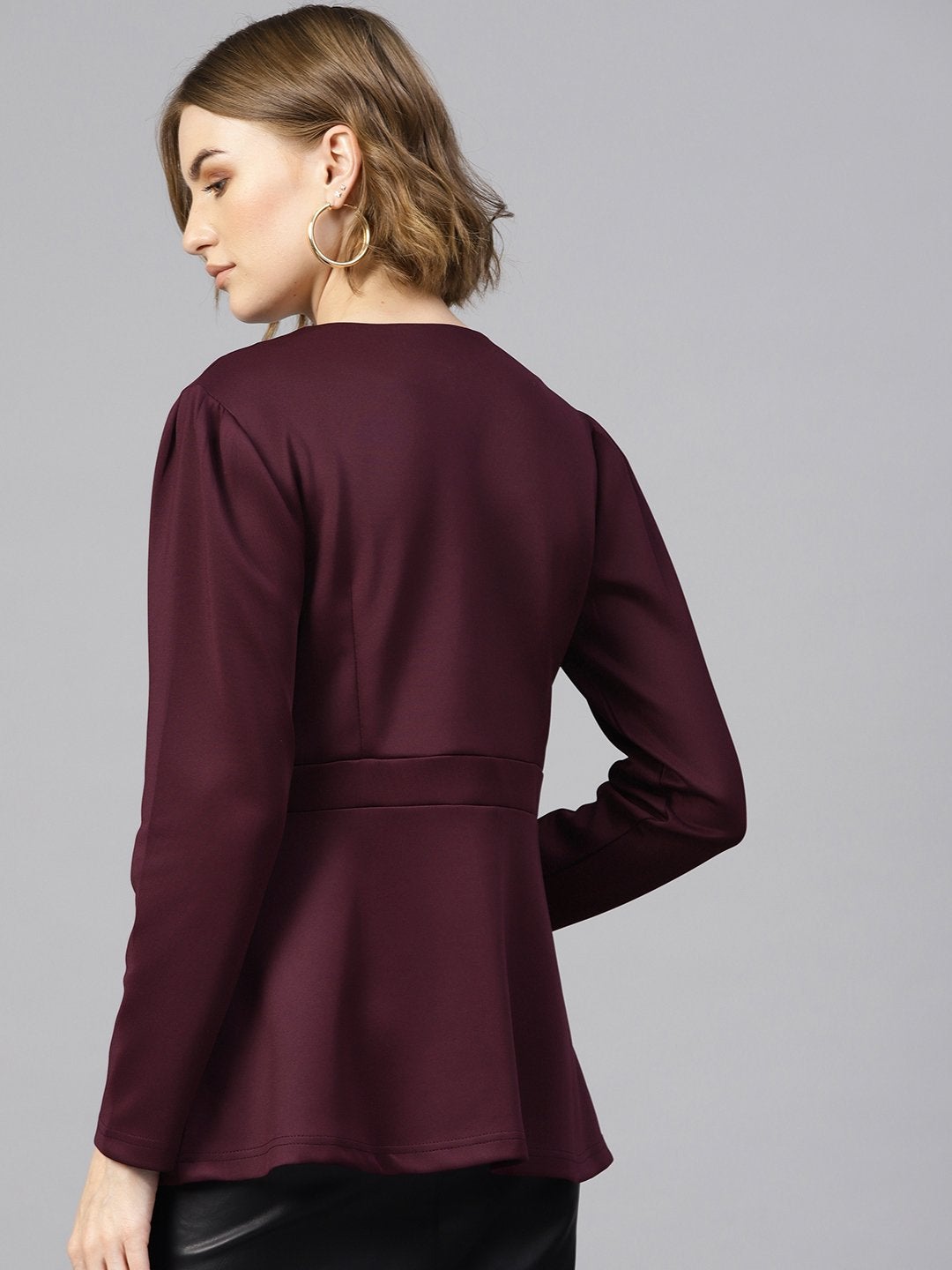 Women's Burgundy Scuba Double-Breast Peplum Coat