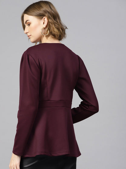 Women's Burgundy Scuba Double-Breast Peplum Coat